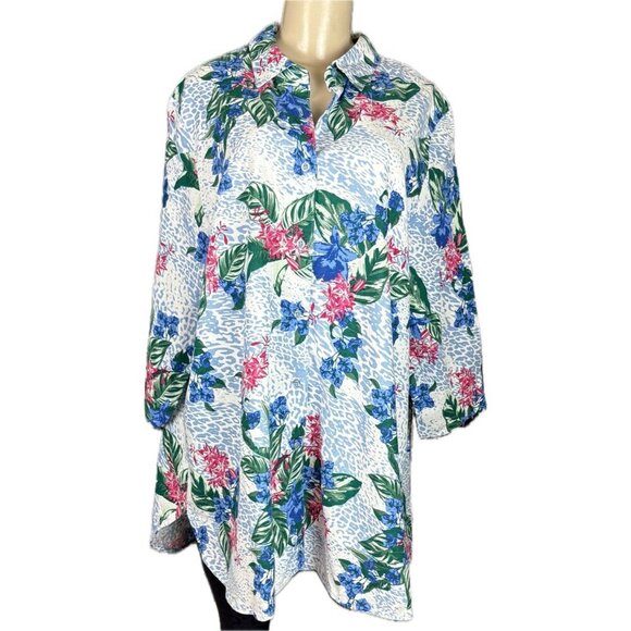 Jssica London +20W Blue-Pink Floral Button Linen Blend Collar 3/4 Sleeve Shirt - Picture 2 of 6